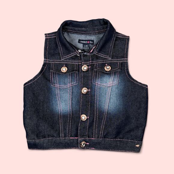 y2k 00s Limited Too Girls Denim Vest Size 6 Large Dark Blue Wash Pink Stitching - Picture 1 of 9